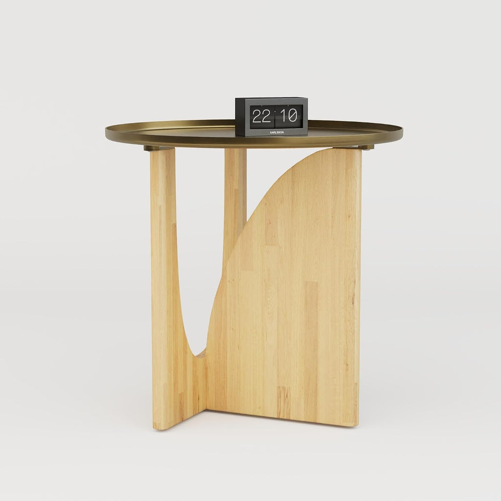 AUZ Round End Table with Brushed Gold Top, Small Wood Side Table for Living Room, Mid Century Accent Table, Natural Wood Base, Space-Saving Nightstand