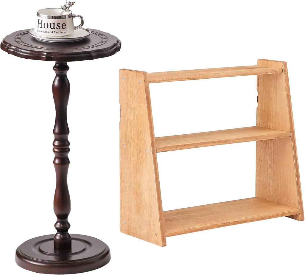 Solid Rubber Wood Spice Rack,Wood Round Side Table,Small Drink Table for Small Spaces,3 Tier Freestanding & Wall Mounted Kitchen Countertop Organizer