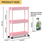 SPACEKEEPER Slim Rolling Storage Cart, 3 Tier Bathroom Organizer Utility Cart Laundry Room Organization Mobile Shelving Unit for Kitchen, Bathroom, Office, Bedroom, Narrow Places, Pink