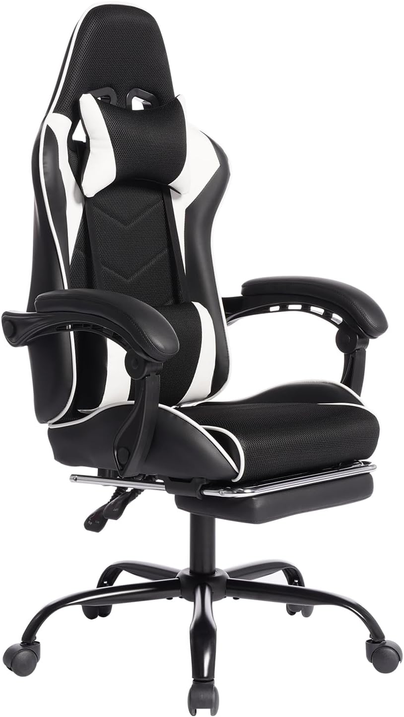 Gaming Chair, Computer Chair with Footrest and Lumbar Support,High Back Ergonomic Office Chair, Height Adjustable Game Chair with 360°-Swivel Seat and Headrest, for Office or Gaming (White)