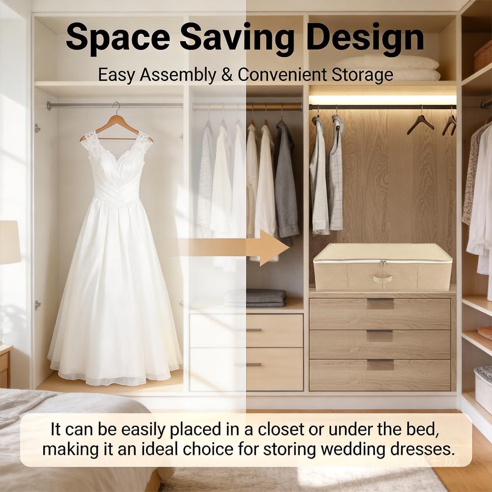 Wedding Dress Storage Box with 30 Acid-Free Paper and Microfiber Gloves, Large Wedding Dress Preservation Box Beige Storage Boxs for Weddingdress Heirlooms Gowns