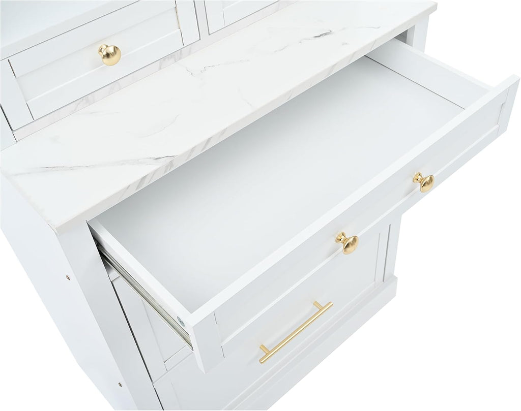 Modern 83.7inch High Kitchen Pantry, Freestanding Tall Kitchen Hutch with Faux Marble Top, Display Cupboard Cabinet with 5 Storage Drawers and Adjustable Shelf (White-073)
