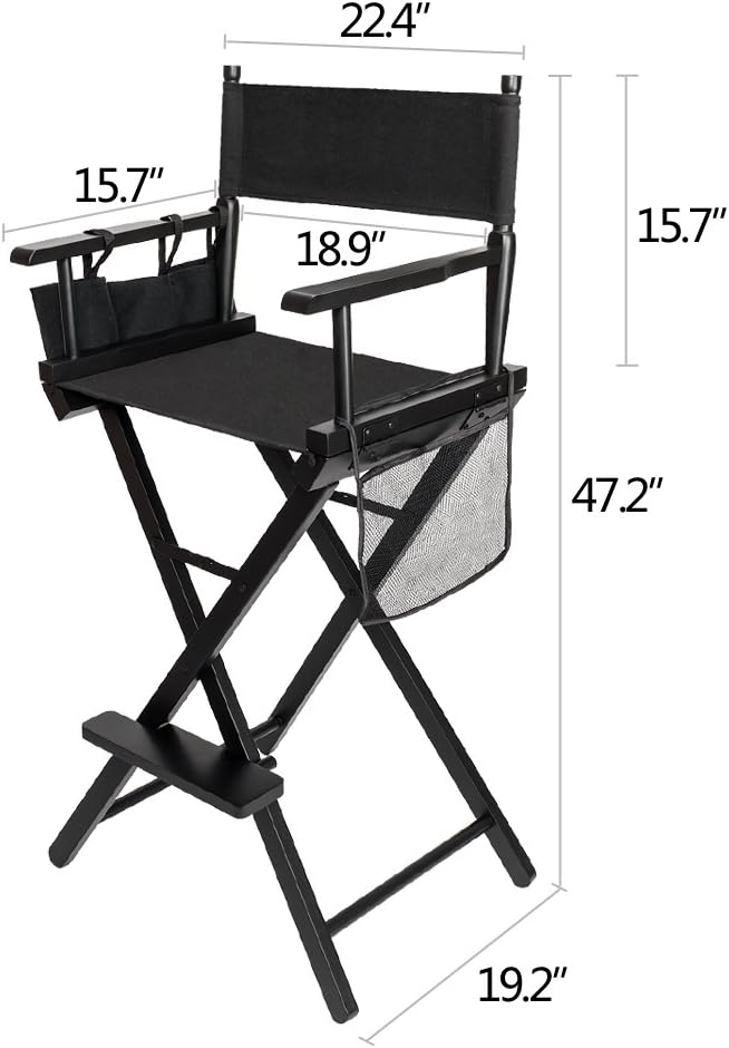 mefeir 31" Height Tall Directors Chairs, Folding Artist Makeup with Replacement Cover, Storage Side Bags, Footrest, Support 250 lbs, Solid Hardwood & Polyester Black Canvas