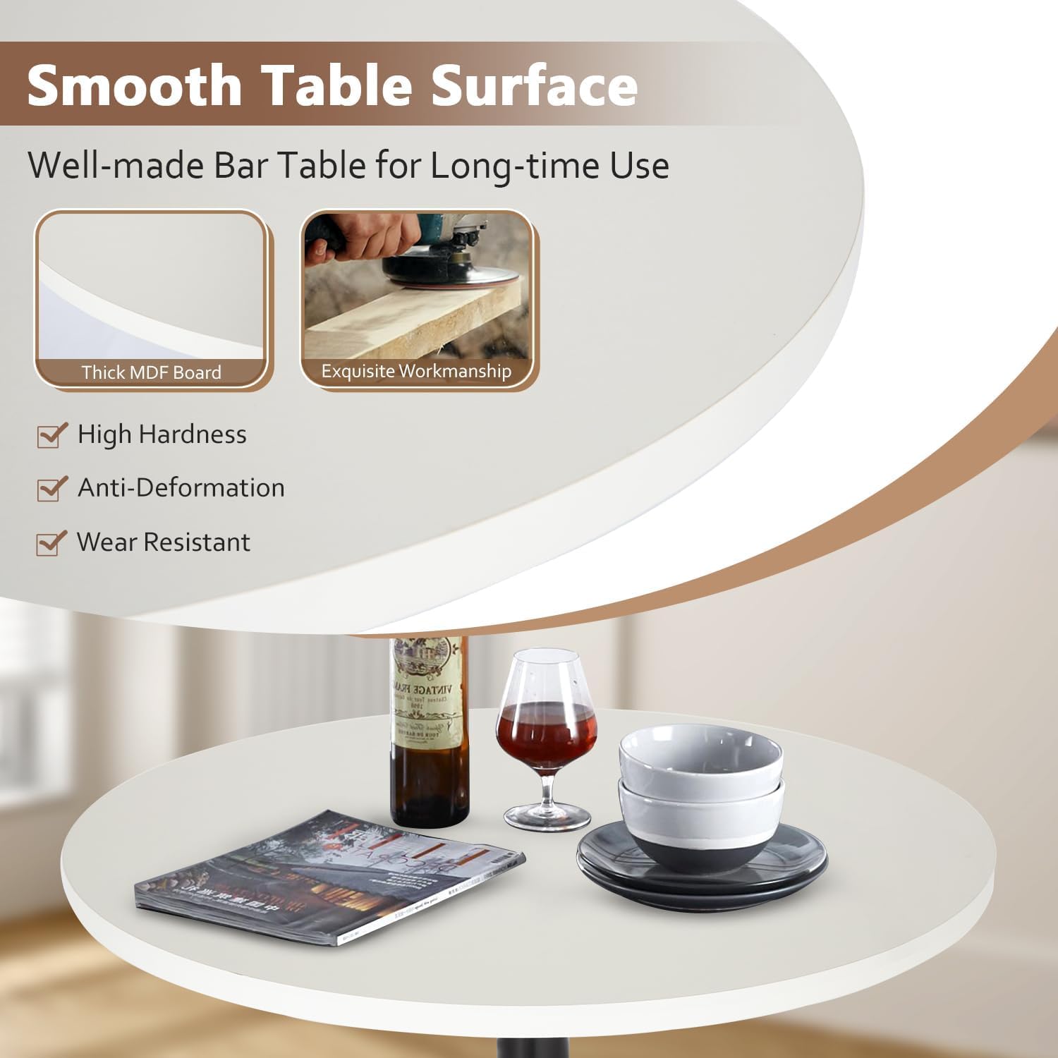 Round Bar Table 40" Height Modern High Top Pub Table with Solid Top & Sturdy Metal Base, Cocktail Table for Bistro, Home, Kitchen or Dining Room, White