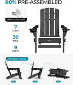 Folding Adirondack Chair, HDPE Adirondack Chairs with 2 Cup Holder, Plastic All-Weather Fire Pit Chairs, Outdoor Lawn Chair for Patio Garden (Black)