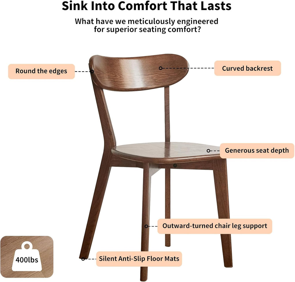 Walnut Dining Chair – Single Kitchen Side Chair, FAS Grade Solid Oak Wood Frame, Mid-Century Modern Curved Back, Commercial-Grade 400 lb Capacity for Dining Room or Replacement