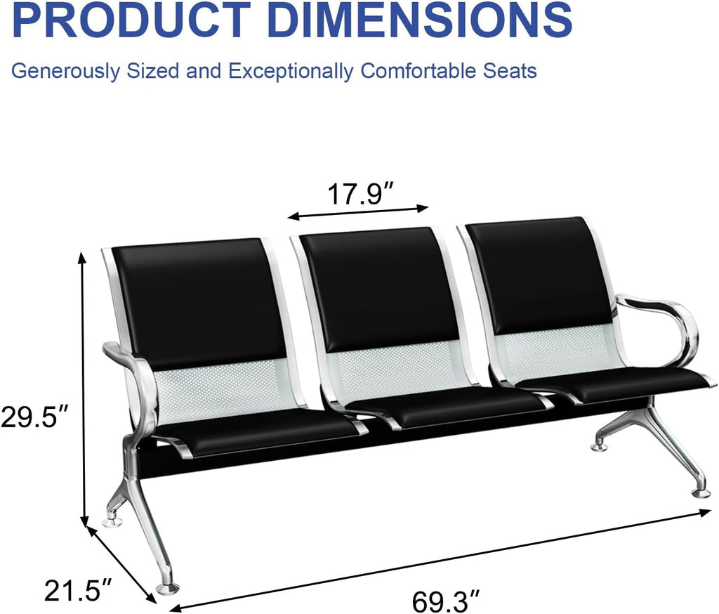 KINTNESS Guest Reception Chairs for Airport Waiting Room Office Chairs Salon Barber Bank Hall Room Conference Airport with Black Leather Cushion 3 Seat Bench Furniture …