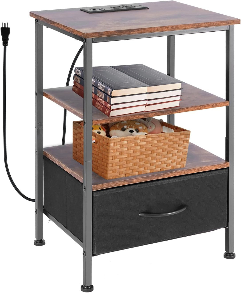 Nightstands Set with Charging Station, Bedside Tables with USB Ports and Outlets, End Table with Fabric-Wood 2-in-1 Drawer for Small Spaces, Vintage Side Table for Bedroom, Living Room