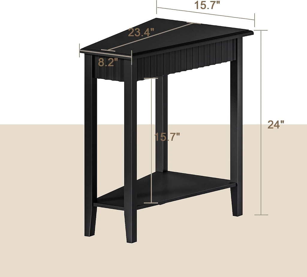 ChooChoo Wedge End Table, Narrow Triangle Side Table with 2-Tier Storage Shelf, Fluted Recliner Side Table for Corner, Living Room, Bedroom, Small Space, Black
