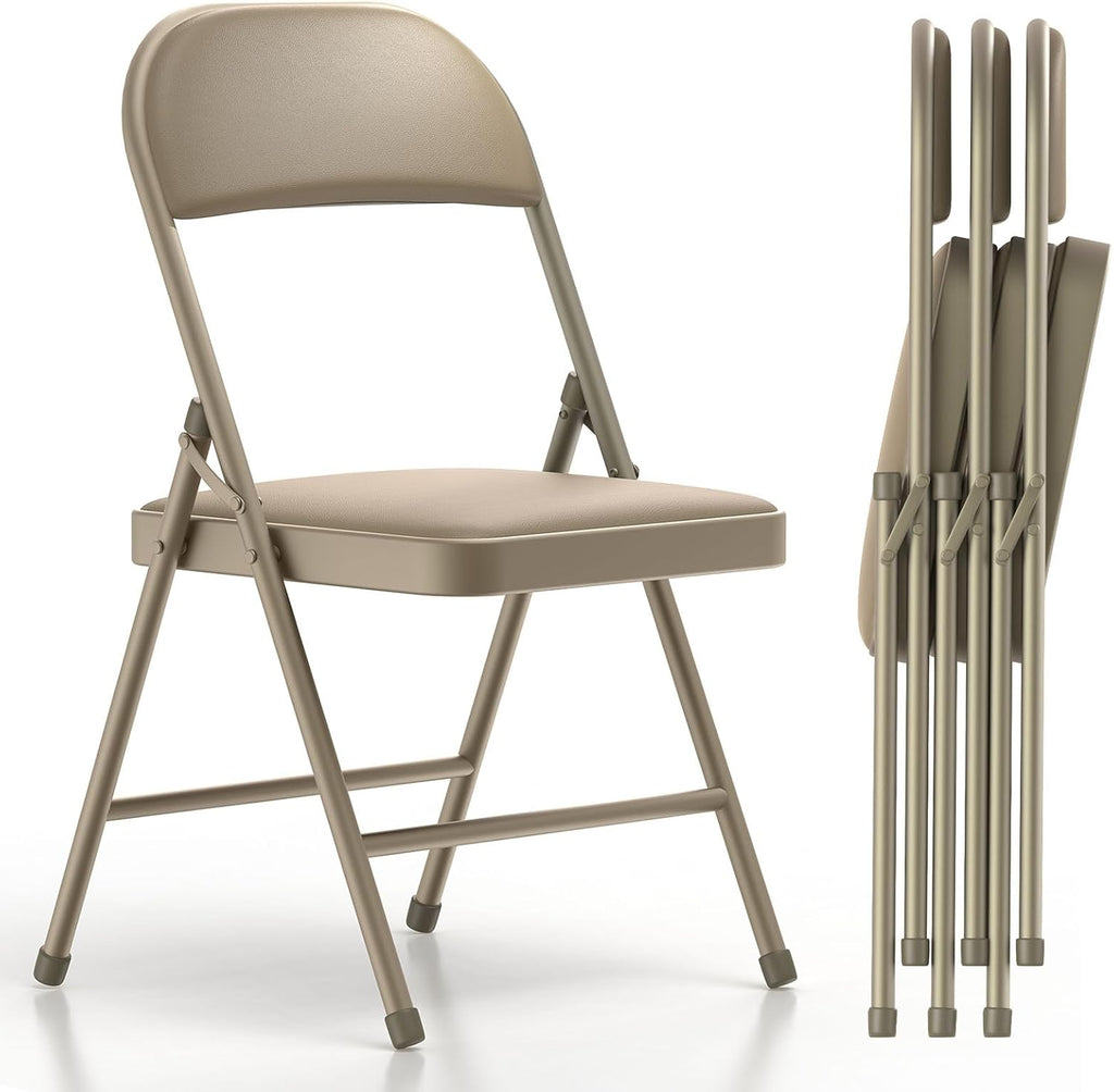 Nazhura Folding Chairs with Padded Vinyl Cushion Chairs with Comfortable Cushion and Durable Steel Frame for Home and Office, for Indoor and Outdoor Events (Kahki, Vinyl, 4 Pack)
