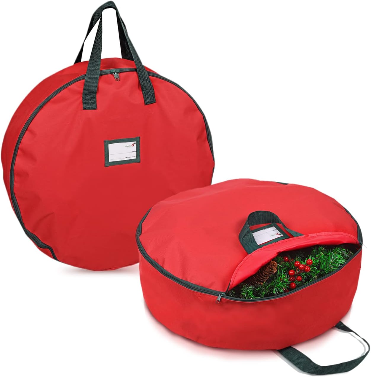 Christmas Wreath Storage Bag 30" - 2 Pack Artificial Wreath Container - Garland Holiday Xmas Wreaths Holder - Sturdy Handles - Card Slot Dual Zipper Strong 420D Oxford (30 Inch, Red)