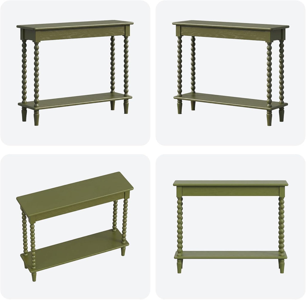 45'' Vintage Console Table, 100% Solid Wood Tall Entryway Table with 2-Tier Storage for Entrance, Hallway, Foyer, Living Room, Narrow Couch Table Behind Sofa, Minimal Assembly, Green