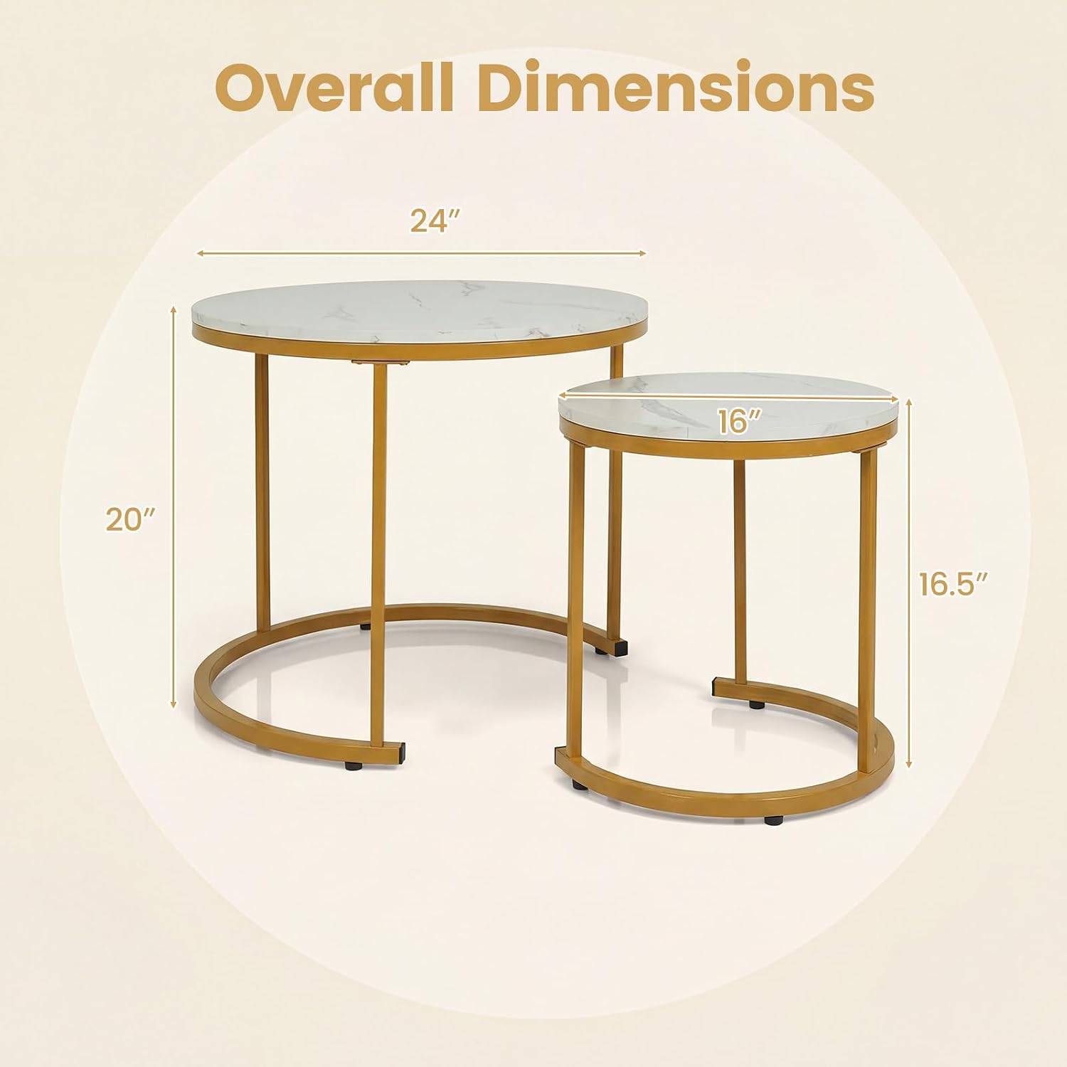 GOFLAME Nesting Coffee Tables Set of 2, Stacking Round Center Table with Wooden Tabletop & Powder Coated Steel Frame, Living Room Coffee End Table Set for Apartment, Bedroom (White & Gold)