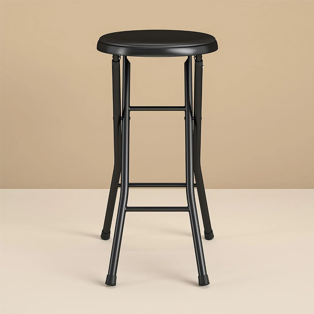 Folding Bar Stool, 24 Inch Height, Padded Vinyl Seat, Metal Frame, Black, Portable