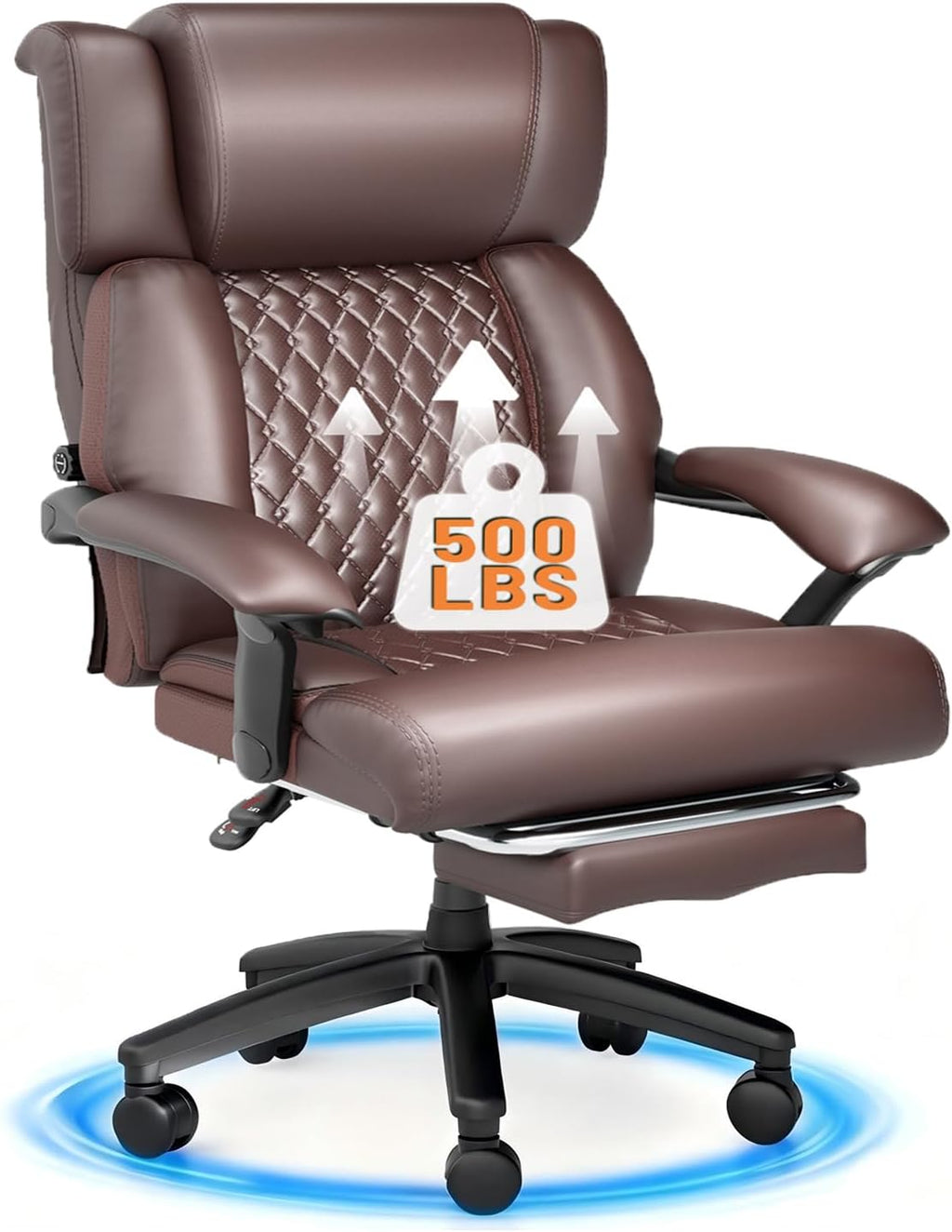 HOMREST 500lbs Big and Tall Office Chair, Ergonomic Heavy Duty Chair with Adjustable Lumbar Support & Backrest, Executive Leather Office Chair with Wide Armrests and Wheels (Brown)
