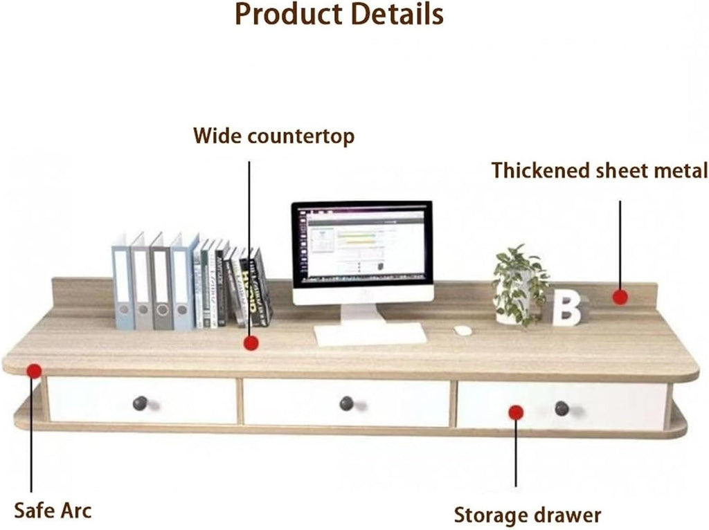 Floating Laptop Computer Desk Dressing Table Wall Mount Shelf with Drawer Wooden Bedside Tables Mounted Nightstand for Room All Occasion(White,120x30x40cm)
