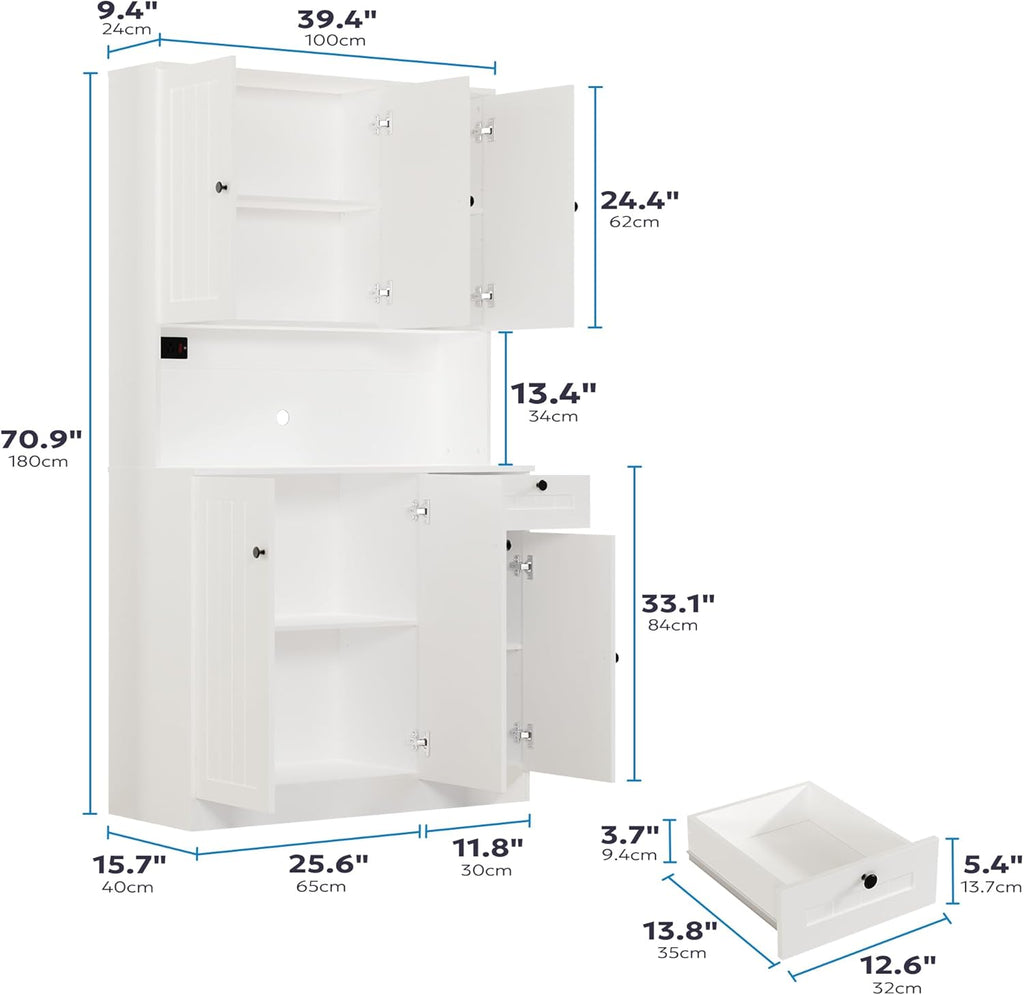 Furnify 71" H Pantry Cabinet with Charging Station, Tall Kitchen Pantry Storage Cabinet with Microwave Stand, Farmhouse Kitchen Hutch with Storage Drawer for Living Room, Dining Room, White