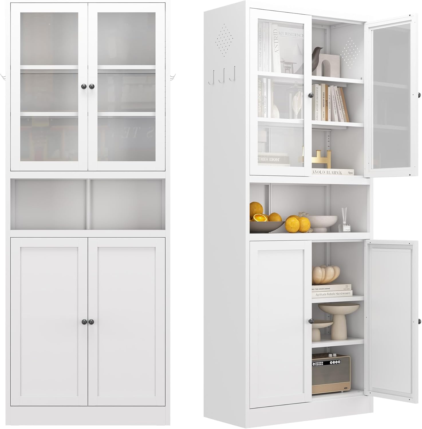 Kitchen Pantry Cabinet with Glass Doors, 72" Metal Storage Cabinet with 4 Adjustable Shelves, Kitchen Pantry with Hooks for Home, Living Room, Assemble Required (White)