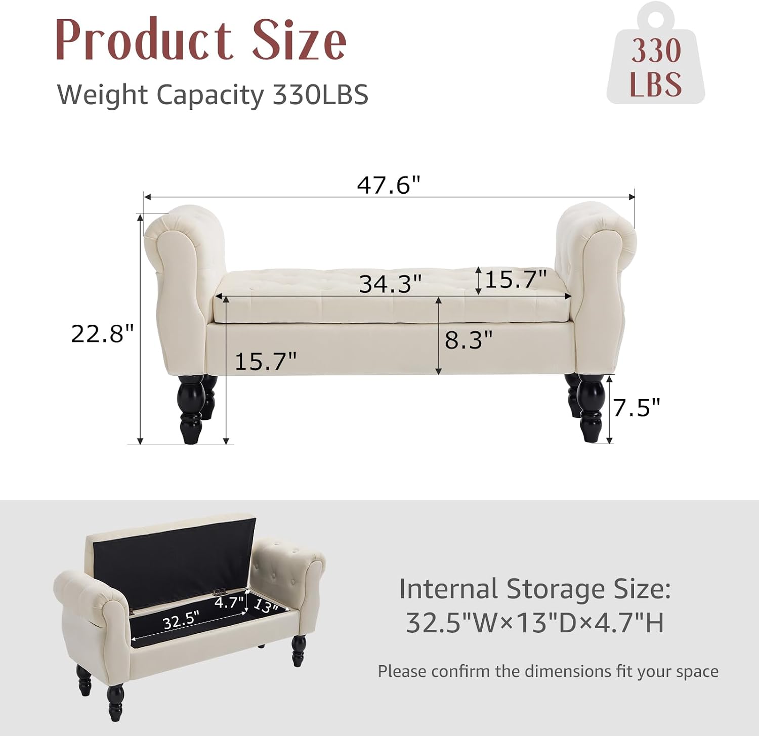 47.6" Storage Bench for End of Bed Bedroom, Velvet Ottoman Bench with Arms and Wood Legs, Upholstered Tufted Button Entryway Bench with Storage, Window Sitting Bench for Living Room, Cream