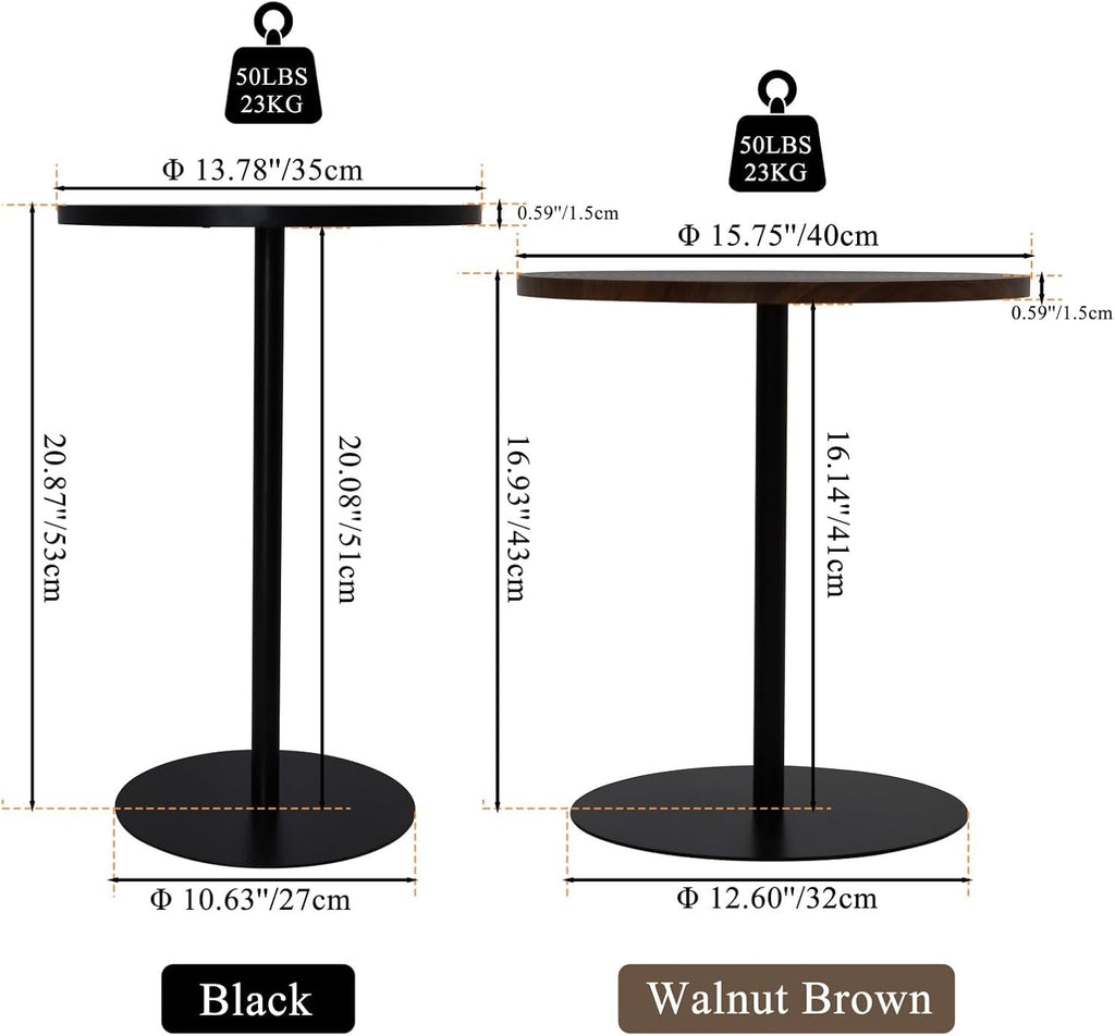 Small Round Side Table Set of 2 Drink End Tables for Living Room Small Spaces Modern Accent Bedside Nightstand Bedroom, Corners, and Office Walnut Ø 15.75 x H 16.93 & Black Φ13.78 x H 20.87