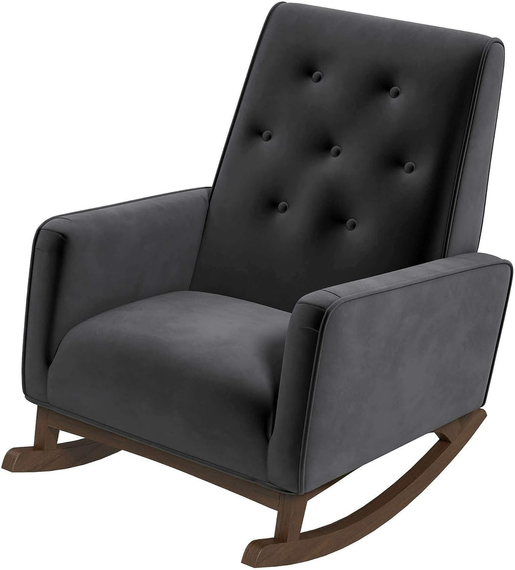 Premium Demetrius Light Grey Fabric Solid Wood Rocking Chair for Livin,A4 | Solid wood frame with high-density foam, stain-resistant fabric, supports 300lbs, versatile for nursery, living room, be
