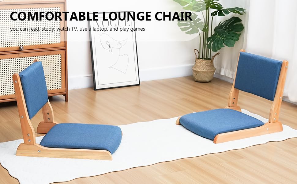Japanese Floor Chair with Back Support, Foldable Meditation Chair, Legless Tatami Chair with Cushion, Floor Seat for Living Room, Bedroom, Bay Window (2, Blue)