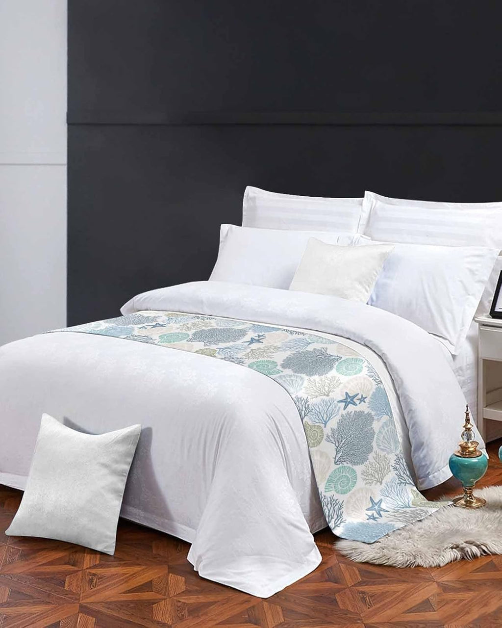 Blue Teal Coral Bed Runners for Queen Size Bed, Bed Throws for Foot of Bed, Summer Beach Starfish Coastal Modern Geometric Bed Runner Sofa Throw Bedding Scarf Protector Slipcover for Bedroom