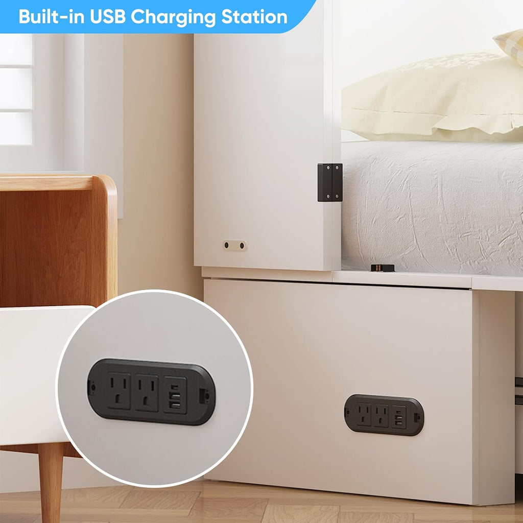 Mjkone Queen Size Murphy Bed Cabinet with Mattress Included, USB Charging Station, Storage Drawer, Panel, 63.39" Width Chest Cabinet Murphy Beds for Guest Room Small Spaces Saving Home Offices, White