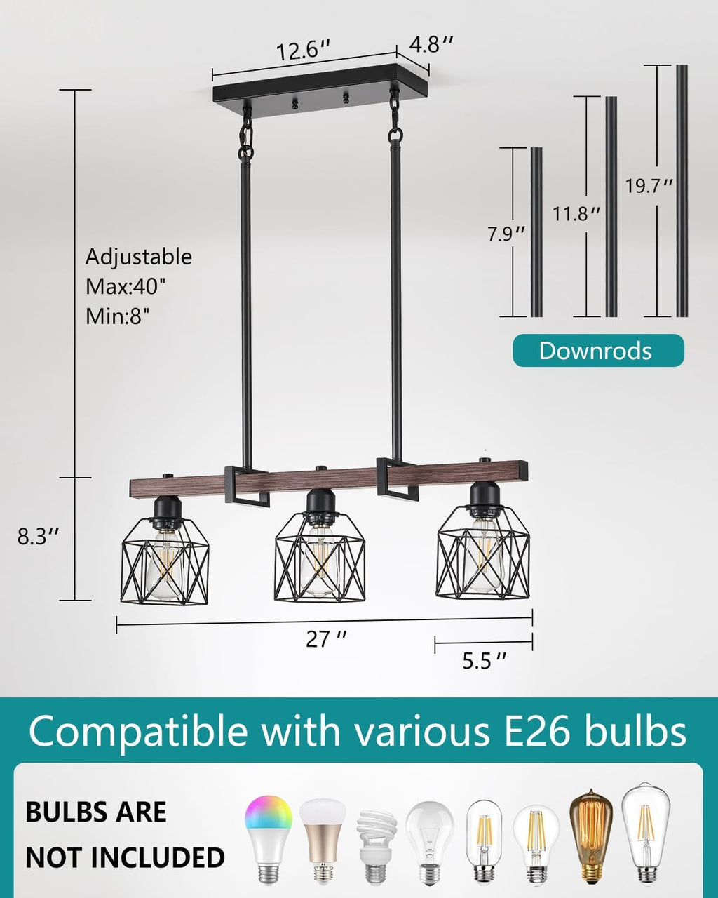 Industrial Pendant Light Fixture, 3-Light Kitchen Island Lighting with Wood Grain Bar and Black Metal Cage, Farmhouse Rustic Hanging Ceiling Lamp for Dining Room, Living Room