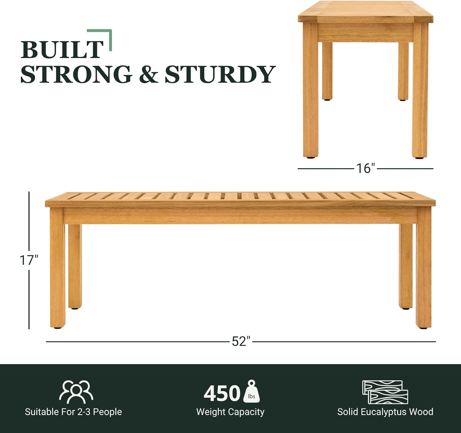 Shower Bench 20 Inch, Golden Teak Eucalyptus Wood Bath Seat – Non-Slip, Water Resistant, Heavy Duty