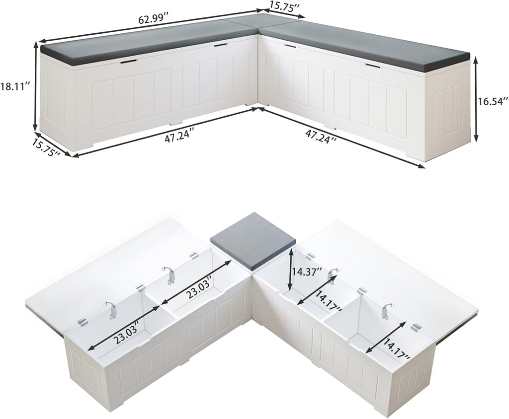 L Shape Corner Bench with Storage, Breakfast Nook Bench, Flip-Top Shoe Storage Benches with Cushion for Entryway, Hallway, Living Room, White & Grey