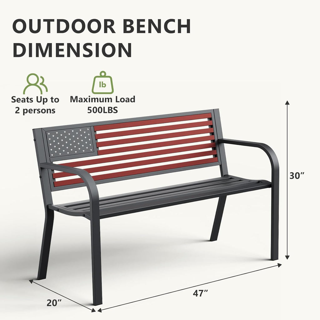 Outdoor Bench, Sturdy Metal Garden Bench with Classic Stars and Stripes Design Metal Backrest, 2-Person Patio Bench for Outside Seating, Cast Iron Steel Porch Yard Lawn Furniture, Red