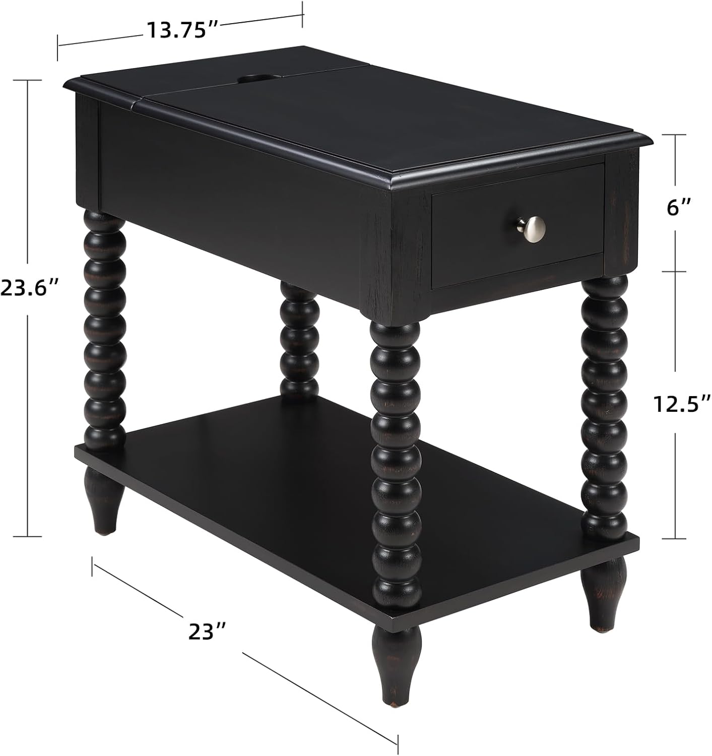 Solid Wood End Table with Charging Station & Drawer Shelf - Handcrafted Spindle Legs Accent Table for Living Room, Bedroom - Sturdy Multifunctional Nightstand, Farmhouse & Modern Décor (Easy Assembly)