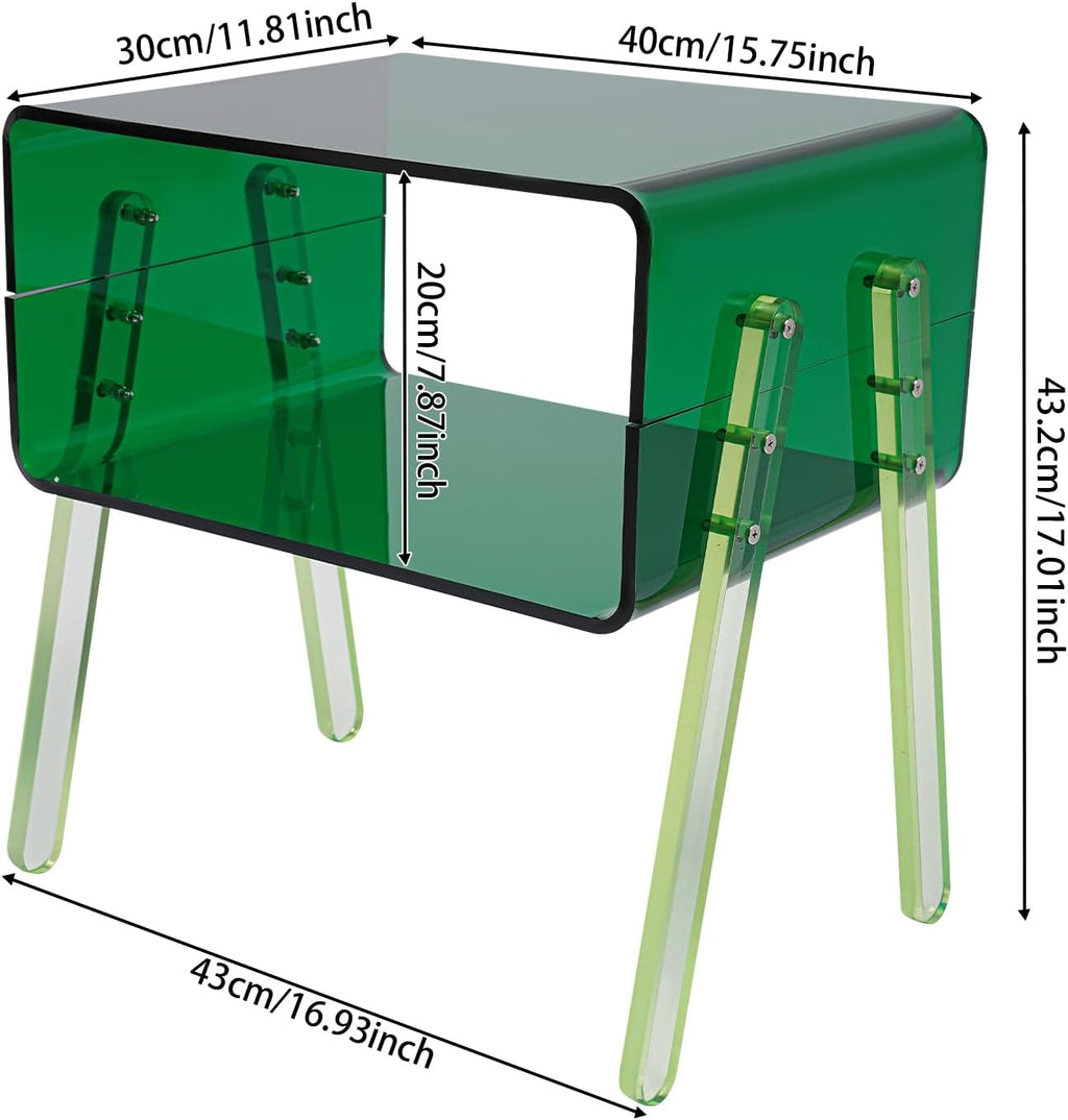 Acrylic Side Table, 2-Tier End Table with Open Storage for Small Spaces, Nightstand Bedside Table for Office, Bed Room, Conference Room (Green)
