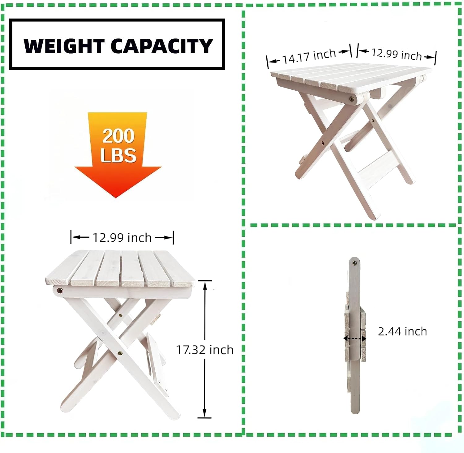 Outdoor Side Table, No Assembly Folding Wooden End Table for Outside or Indoor, Small Patio Tables for Camping, Pool, Bathroom, Backyard and Porch (White)