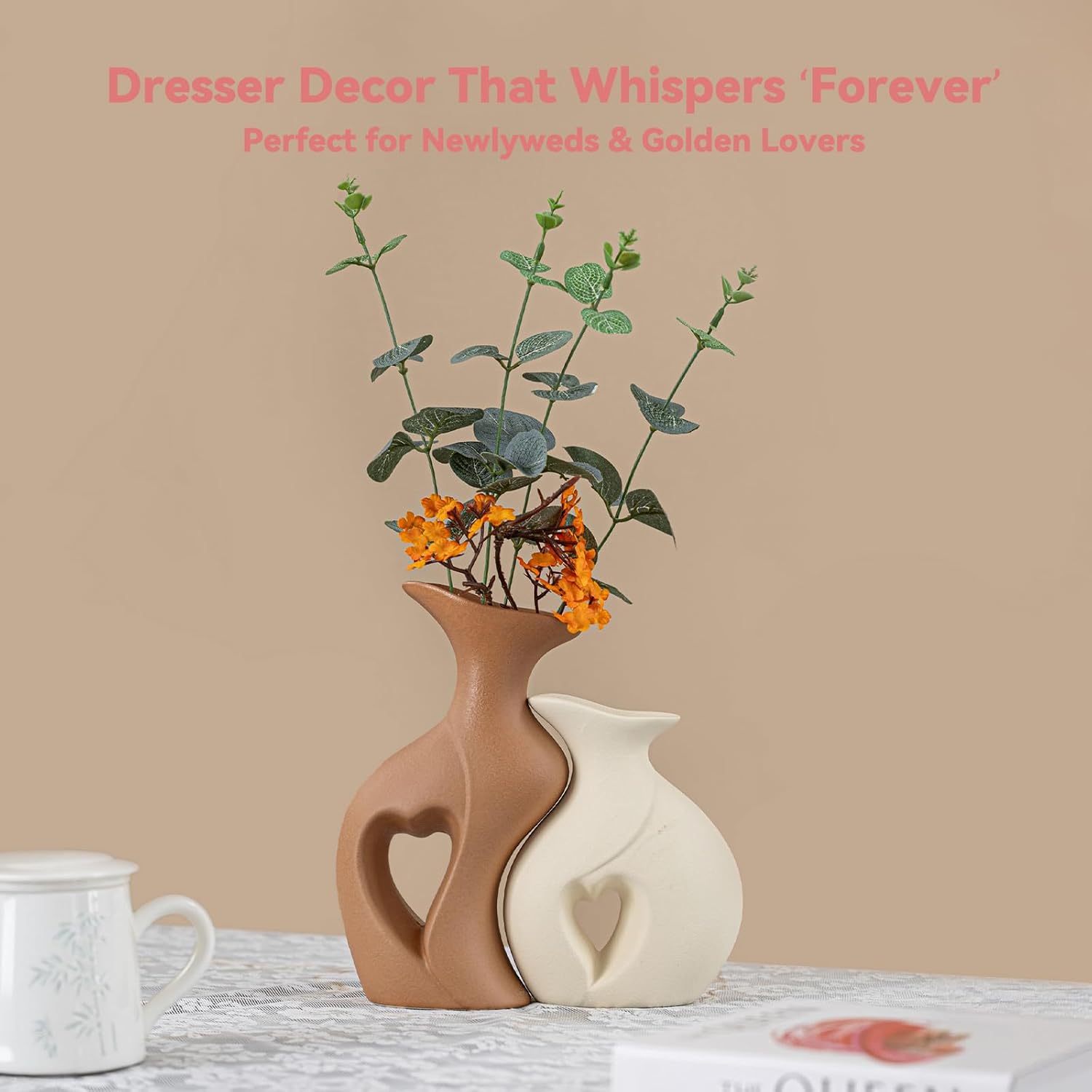 Heart Linked Couple Vase Set - 2-Pcs Beige & Brown Ceramic Vases with Hollow Heart Design, Romantic Gifts for Couples, Wedding Decor for Couple,Decorative Vase for Living Room/Dresser