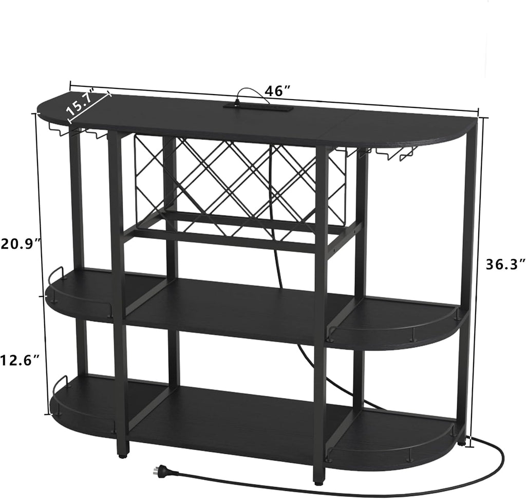 ZOPEND Wine Cabinet Coffee Table with Power Socket and LED Light, Three Tiers Coffee Bar Table Wine Rack Liqour Bar with Large Storage for Home Kitchen (Black)