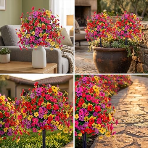 Artificial Petunias with Ground Stake - UV Resistant & Waterproof Faux Flowers for Outdoor Indoor Garden, Yard, Planter, Porch & Home Decor (3pcs)