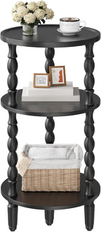 HOOBRO Round Side Table for Small Space, 3-Tier Small Round End Table with Rubberwood Leg, Accent Bedside Table, Circle Nightstand, Living Room, Bedroom, Sofa Couch, Black BK218BZ01