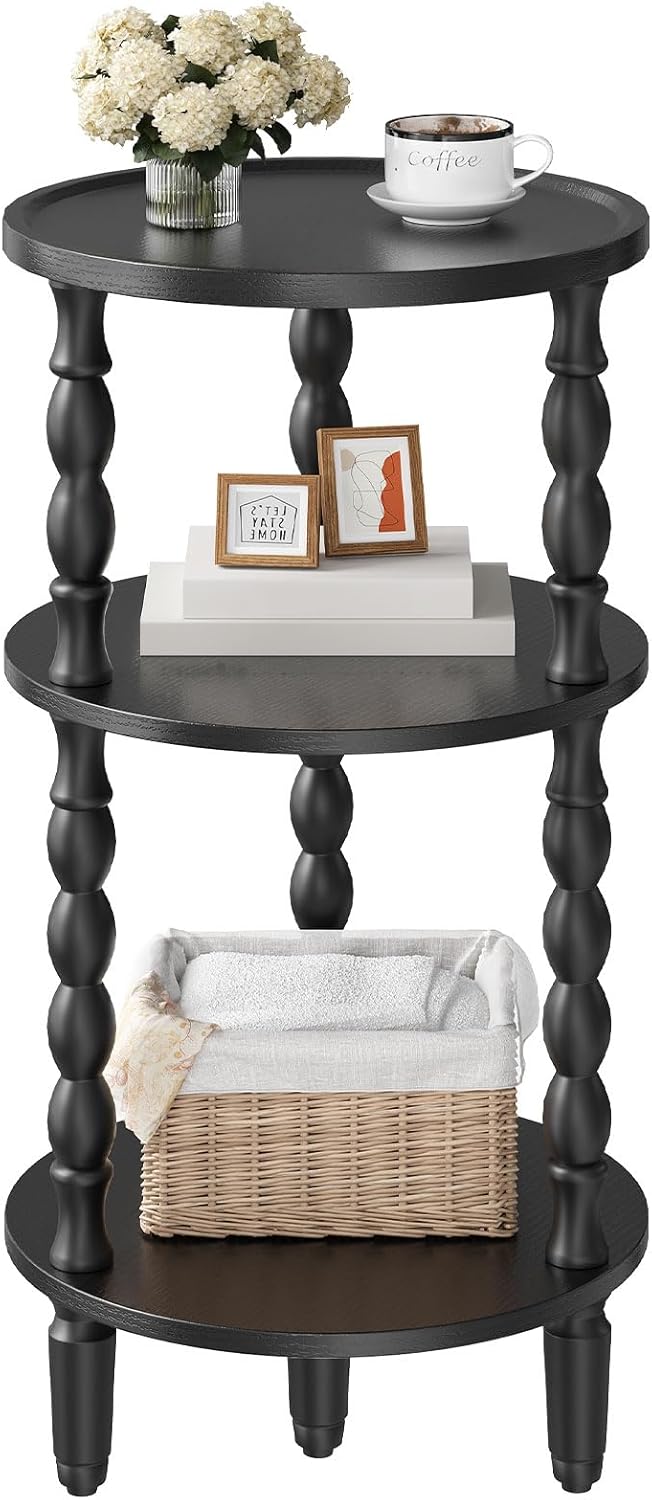 HOOBRO Round Side Table for Small Space, 3-Tier Small Round End Table with Rubberwood Leg, Accent Bedside Table, Circle Nightstand, Living Room, Bedroom, Sofa Couch, Black BK218BZ01