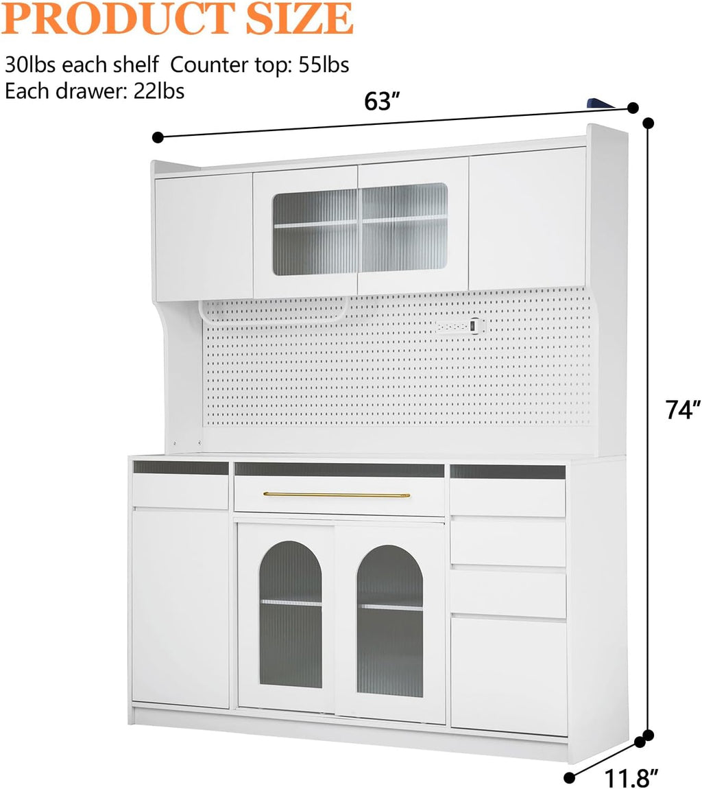 75" Pantry Cabinet, Wooden Cupboard with Power Outlet and 6 Storage Drawers, Large Kitchen Hutch Cabinet W/Countertop and Adjustable Shelves for Home Dining, 5 Cabinets/Pegboard/Towel Rack (White)