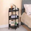 Small Handwoven Side Table 3-Tier Oval Storage Organizer, Wicker Shelf for Kitchen, Living Room, Bedroom, Balcony, Picnic, Portable Woven Rack (Black)