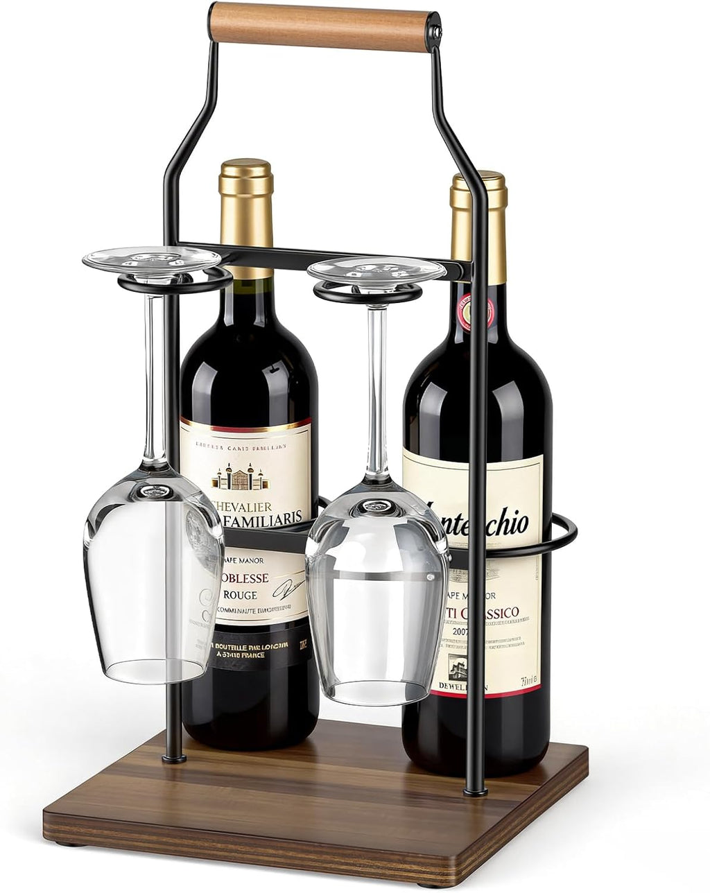 Desktop Wine Rack, 2-Bottle Holder with Dual Glass Holder, Wine Storage Racks, Suitable for Various Home Decor Styles, Ideal for Home, Bar, Couple Gathering, Wine Cabinet, and Dining Room, Black
