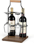 Desktop Wine Rack, 2-Bottle Holder with Dual Glass Holder, Wine Storage Racks, Suitable for Various Home Decor Styles, Ideal for Home, Bar, Couple Gathering, Wine Cabinet, and Dining Room, Black