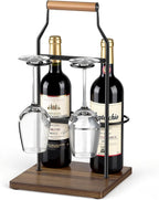 Desktop Wine Rack, 2-Bottle Holder with Dual Glass Holder, Wine Storage Racks, Suitable for Various Home Decor Styles, Ideal for Home, Bar, Couple Gathering, Wine Cabinet, and Dining Room, Black