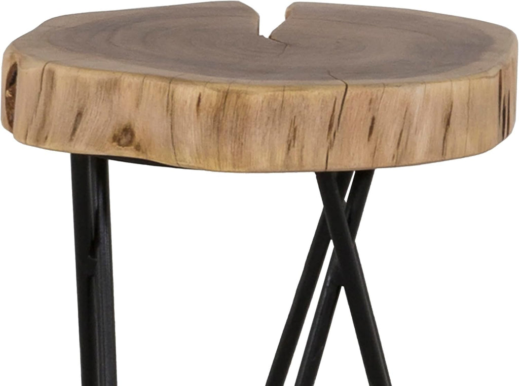 12" Wood End,Side Table, Living Room Accent Stool, Iron Legs, Home Décor, Brown,Black