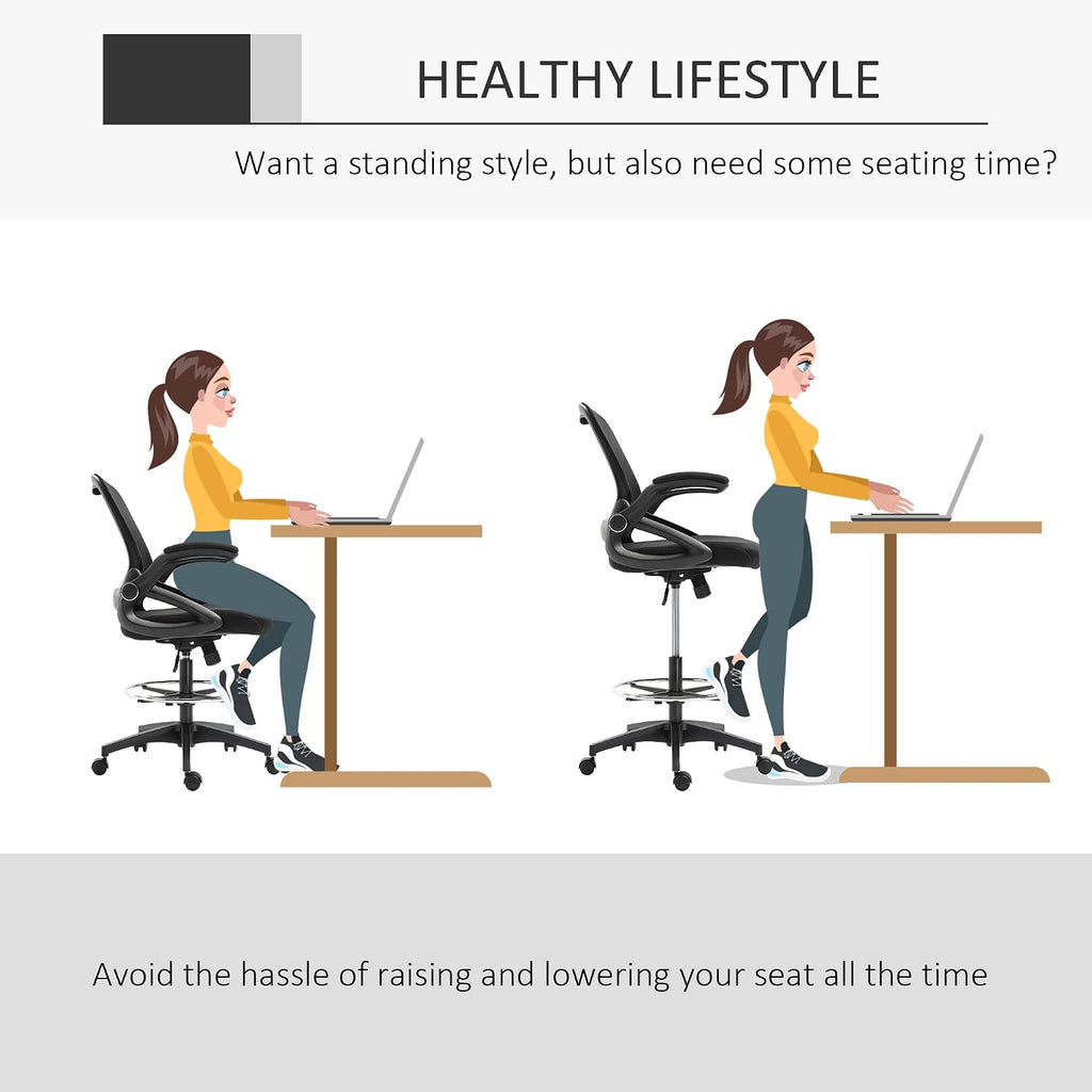 Vinsetto Mesh Drafting Chair, Tall Office Chair with Lumbar Support, Flip-Up Armrests, Footrest Ring and Adjustable Seat Height, Black