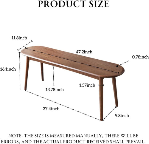 100% Solid Oak Dining Bench, Wood Bench for End of Bed with Rounded Corners, Entryway Benches for Farmhouse, Kitchen, Living Room(Walnut,12" L x 47.2" W x 16.2" H)
