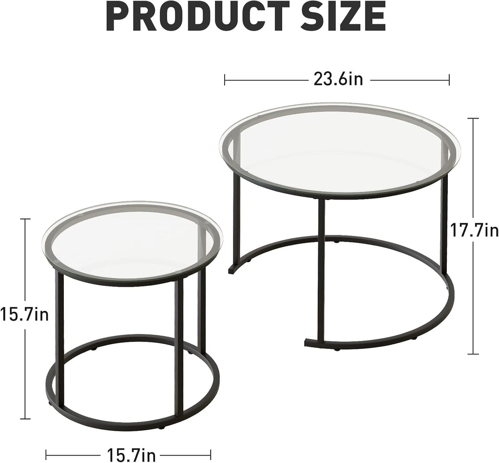 Nesting Coffee Table Set of 2,Modern Black Tempered Glass Side Table, Metal Frame Round End Table.Small Glass Tea Table for Living Room,Bedroom Studio Apartment Essentials，17.7IN