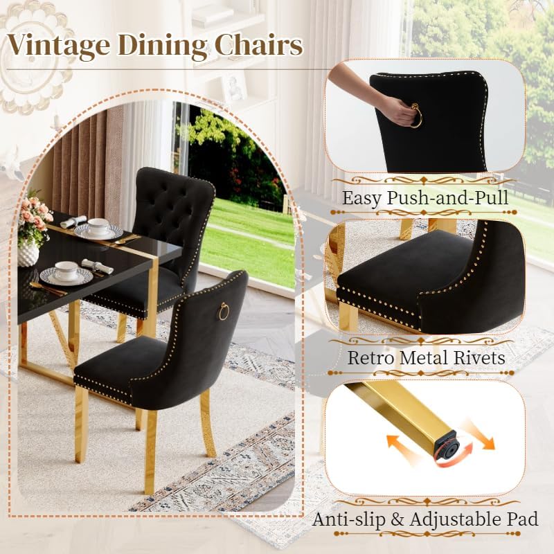 Black Dining Table Set for 4, 55" Black Glossy Top with Gold Metal Legs, Modern Dining Table Set for 4 & Velvet Tufted Chair with Gold Nailhead Trim, Luxry Kitchen Table Set Ideal for Dining Room,APT
